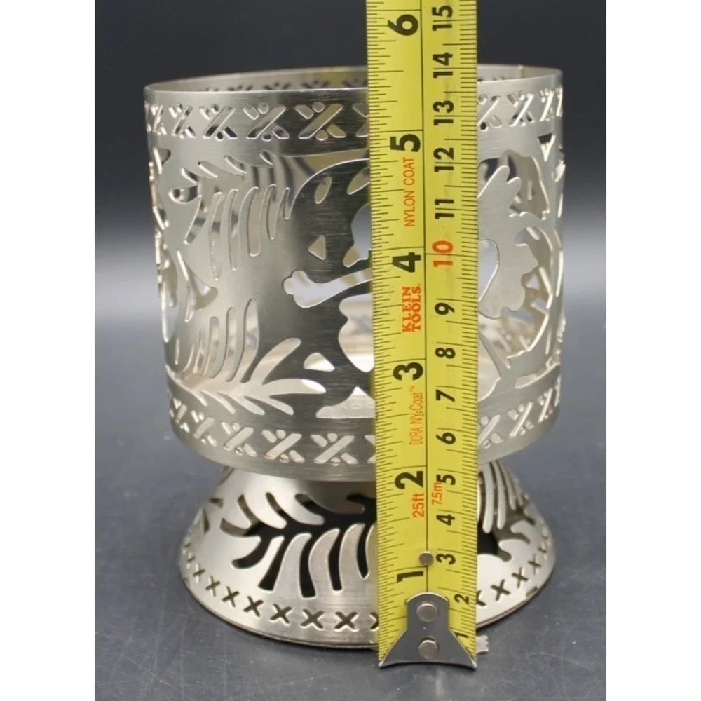 Bath & Body Works 3 Wick Candle Holder Pedestal Tropical Leaf Cutout Silver